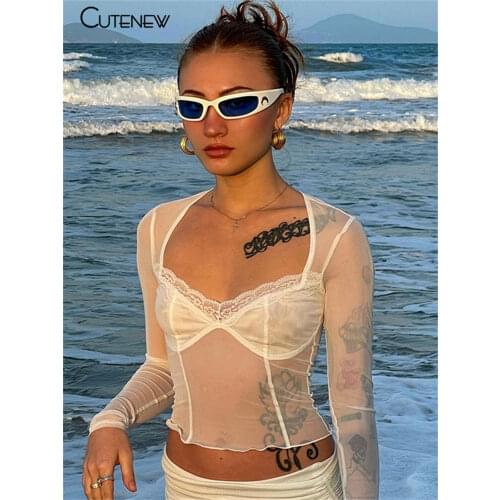 Cutenew Y2K Summer Solid Color See-Through Sexy Mesh Women Crop Top 2021 Fashion Beach Vacation Skinny Lace Long Sleeve T-Shirts