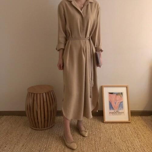 2020 Women Autumn Vintage Loose Long Shirt Dress Sashes Turn-down Collar Split Hem Midi Dresses Full Sleeves
