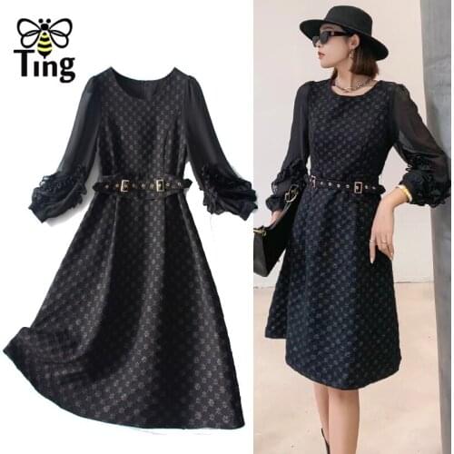 Tingfly Vintage Elegant Women Winter Autumn Fashion Chic Black Dress with Belt Casual A Line Knee Length Vestido Large Size Robe