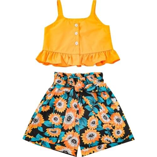 2 Pcs Infant Summer Outfits, Baby Girls Solid Color Square Collar Ruffle Button Down Tank Top + Belted Sunflower Print Shorts
