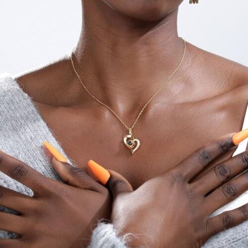 2020 New 100 Languages I Love You Rose Gold Fashion Heart Projection Zircon Jewelry Necklace for Women Men collier Chain Gift