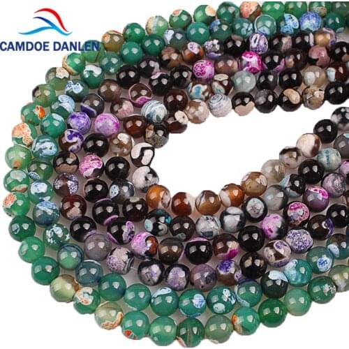 CAMDOE DANLEN Natural Stone Green Blue Red Coffee Fire Agates Round Loose Beads 6 8 10MM For Bracelet Necklace Jewelry Making