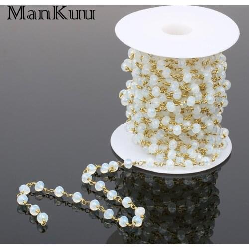 Mankuu 4*6mm Rondelle Natural Opal Moonstone Bead Chain Gold Plating White Clear Rhinestone Bead Chain For Jewelry Making 5M/Lot