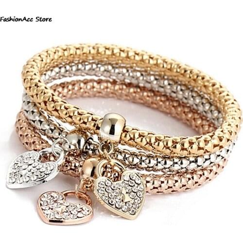 Elastic Zinc Alloy Rose Gold/silver Plated Bracelet Heart Shape Charm Bracelet Female Rhinestone Pop Corn Chain