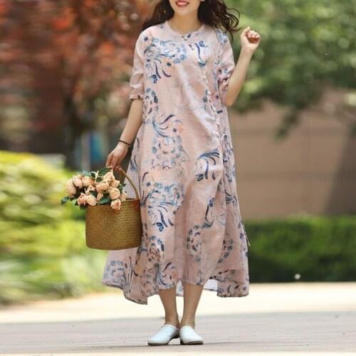 FairyNatural Ladies Chinese Style Ramie Shirt Dresses High Quality Robes Stand Retro Print Floral 2021 Summer Dress Half Sleeve