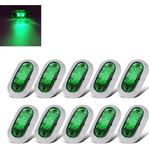 FEEDOPAL 10PCS Green 2.5-Inch Oval Chrome-Plated Frame 2LED Side Marker Lamp 12V~24V Waterproof Signal Light For Truck Trailer