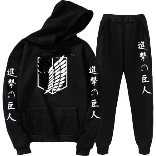 2pcs Set Top Long Pants Suit Women Outfit Casual Oversize Tracksuit Attack on Giant Thickened Hood Winter Cheap Unisex Clothes