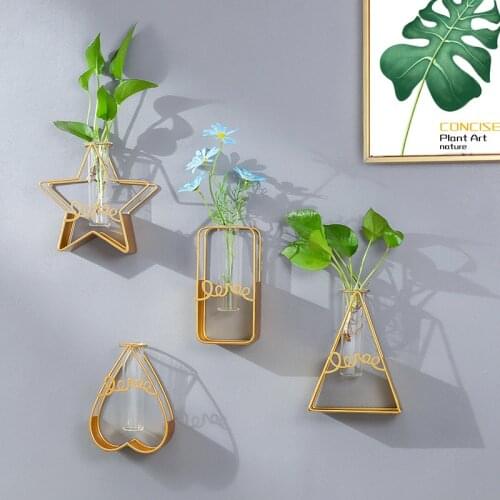 Nordic Iron Art Golden Hydroponic Glass Vase Metal Geometric Wall Vase Living Room Decoration Wall Holder Flowerpot For Home
