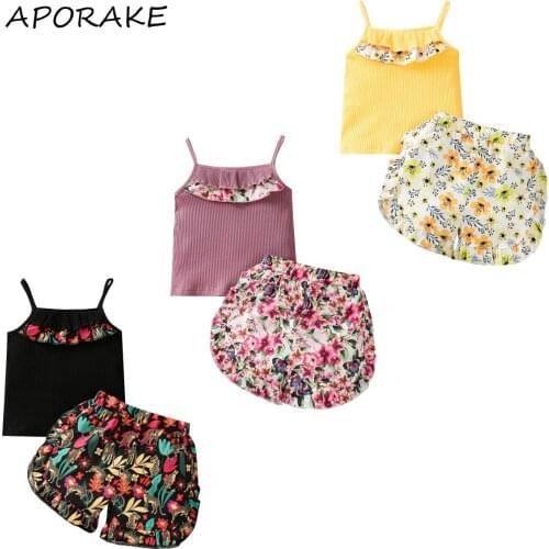 2021 0-6Y Summer Kids Baby Girl Clothing Cute Ruffle Square Collar Sleeveless Top Vest+Floral Print Shorts 2pcs Outfits Set