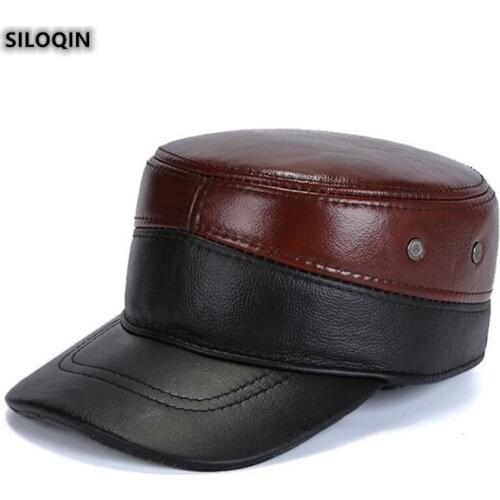 SILOQIN Autumn Winter Fashion Cowhide Genuine Leather Hat Mens Flat Cap Snapback Adjustable Size Thermal Earmuffs Military Hats