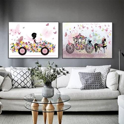 Cartoon Girl Carriage Painting on The Wall Pink Style Decor for Home Waterproof Canvas Material Unframe