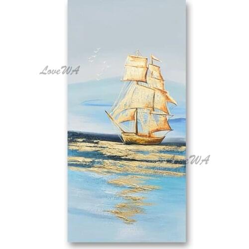 Latest Design Gold Color Sailing Boat Ship Oil Painting Unframed Abstract Texture Wall Canvas Art Free Shipping Wall Pictures