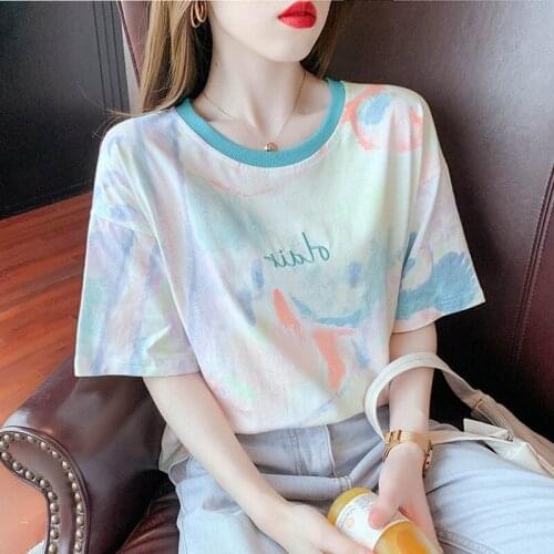 2021 Summer New Short-sleeved T-shirt Female Student Loose Korean Fashion Embroidered Round Neck Top