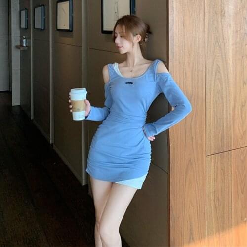 2020 Autumn And Winter New Long-Sleeved Strapless Fake Two-Piece Blue Waist Elastic Hip Sexy Womens Dress