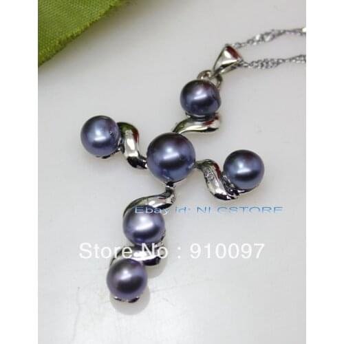 6mm-8mm freshwater black pearl cross pendant necklace 17" fashion jewelry