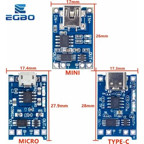 1PCS EGBO 5V 1A Micro USB 18650 type-c Lithium Battery Charging Board Charger Module+Protection Dual Functions TP4056 18650