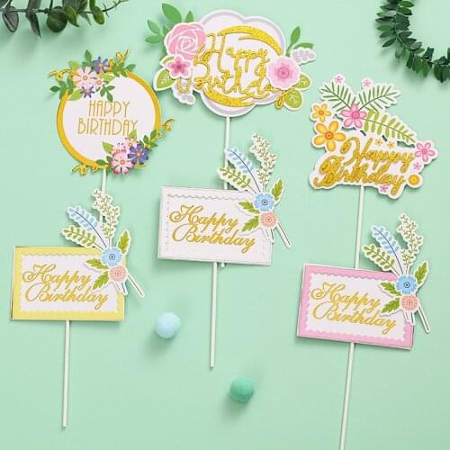 Plant Flowers Cupcake Toppers Happy birthday Cake Topper Cake Flags Girl kids birthday Party Baking Decoration For Dessert Gifts