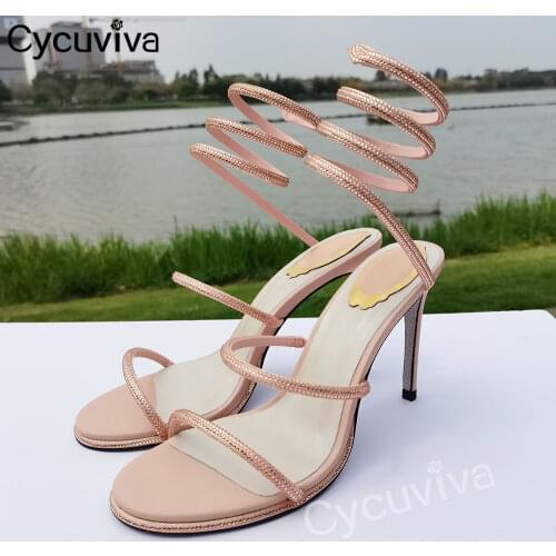 Sexy Thin Heels Crystal Shoes Women Runway Strappy Gladiator Sandals Peep Toe Summer Party Shoes Ankle Strp Red Sandalias Mujer