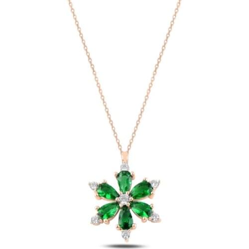 Silver 925 Sterling Lotus Flower Emerald Zircon Cubic Zirconia Necklace