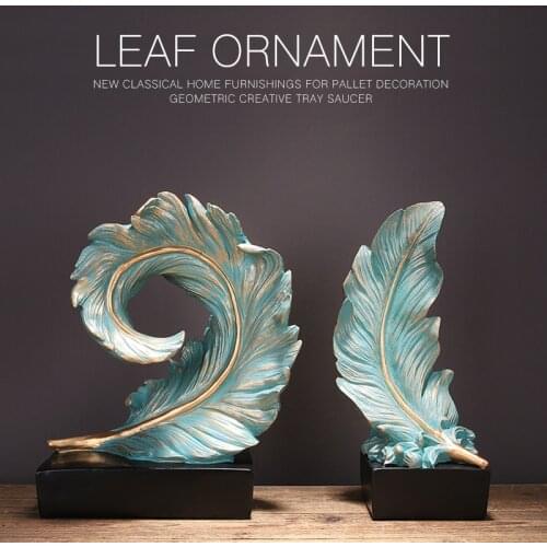 Modern Luxury Resin Gold Blue Feather Figurines Decoration Crafts Hotel Home Livingroom Desk Leaf Shape Statue Accessories Decor