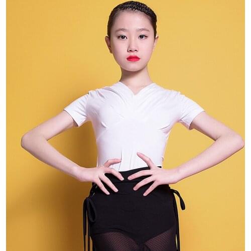 New Latin Dance Tops Kids Short Sleeve White/Black Rumba Dance Practice Costumes Samba Tango Salsa Cha Cha Dancewear VO875