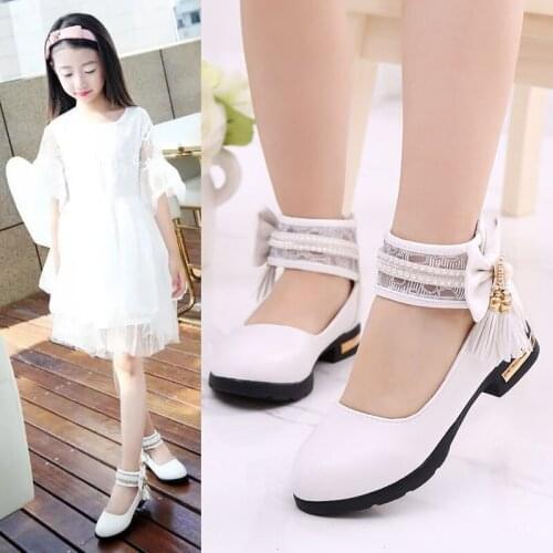 White Pink Flower Kids Children Princess Leather Shoes For Teenage Girls High Heel Party Wedding Shoes New 8 10 12 14 Years Old