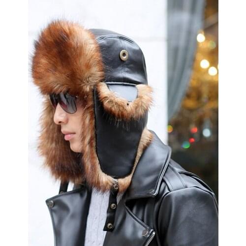 High Quality Winter PU Hats For Women Bomber Hat Faux Fur Avaitor Cap With Ear Flaps Hat Outdoor Wind Prevent Russian Snow Hat