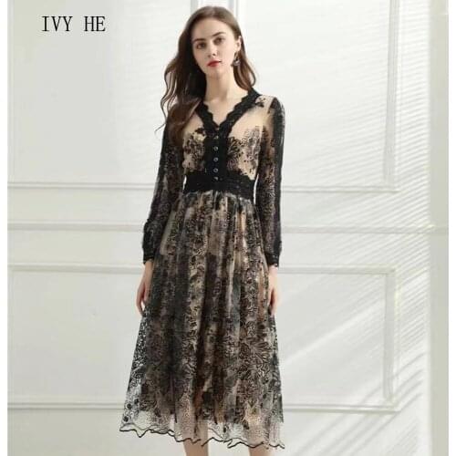 IVY HE High Quality Early Autumn Dress Woman Clothing Shiny Gauze Sequin Embroidery Lace Midi Long Dress Party Vintage Dresses