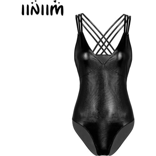 Iiniim Womens Femme Sexy Clubwear Body Latex Bodycon Pole Dancing Costumes Shiny Metallic High Cut Teddies Skinny Bodysuits