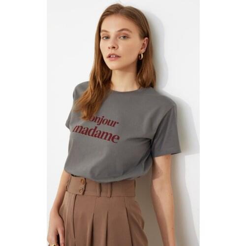 Womens Gray Printed SemiFitted Knitted T-Shirt 2021 New Season New Trend Fashion Casual Female Tops and Tshirt Different Colors