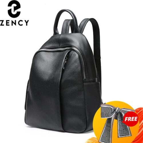 Zency Anti-theft Design Women Backpack 100% Genuine Leather Classic Black School Bag For Girls Daily Casual Travel Bag Knapsack