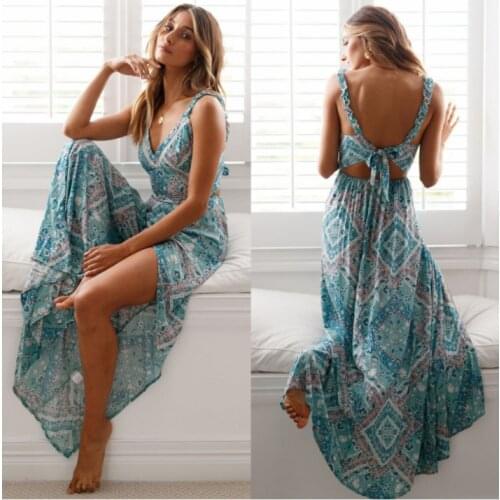 Women Sexy Backless Dress Summer Bohemian Floral Print Long Dresses V Neck Plus Size Lady Casual Clothes