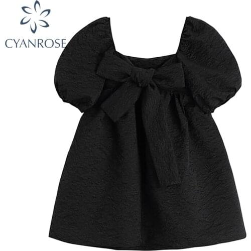 Gothic Style Black Short Sleeve Dress Women 2021 Summer Elegant Vintage Square Collar Puff Sleeve High Waist Female Dresses