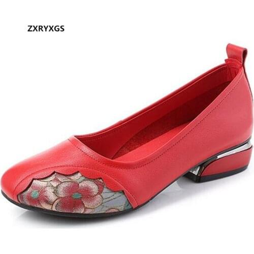 ZXRYXGS High Quality Cowhide Printing Women Shoes Fashion Leather Shoes Low Heel Shoe 2021 New Large Size Banquet Wedding Shoes