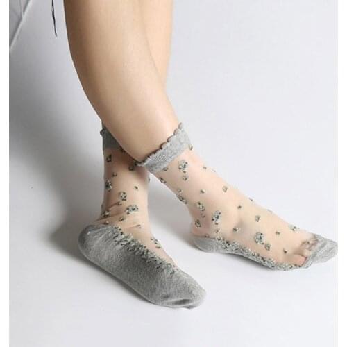 1 Pair Womens Summer Elastic Crystal Ice Silk Short Socks Jacquard Roses Floral Embroidered Ultrathin Transparent Thin Socks