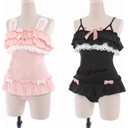 One Piece Swimsuit Cute Sexy Anime Cosplay Costume Women Kawaii Black Cat & Powder Rabbit Swimsuit Lolita Japanese Sukumizu