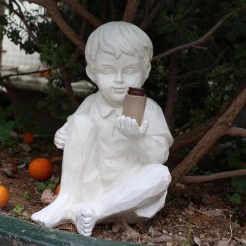 A Kid With Solar Fireflies Garden Statue Resin Jar Boy Girl Statue Whimsical Flowerbed Yard Outdoor Sculpture Decor