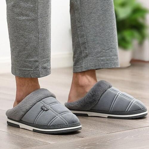 Home Fashion Men Slippers Winter Big Size Gingham Warm Fur Slippers for Male Antiskid Suede Short Plush House Shoes Men Hot Sale