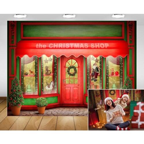Christmas Shop Photography Background Xmas Counter Portrait Photo Backdrop Gifts Christmas Tree Santa Claus Wreath Photographic