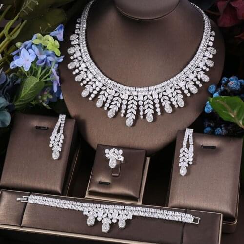 Janekelly 4pcs Bridal Zirconia Full Jewelry Sets For Women Party, Luxury Dubai Nigeria CZ Crystal Wedding Jewelry Sets