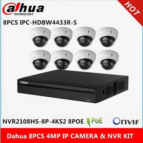 Dahua 8 pcs IPC-HDBW4433R-S IP Camera & NVR2108HS-8P-4KS2 8ch with 8 poe ports CCTV Camera System support p2p