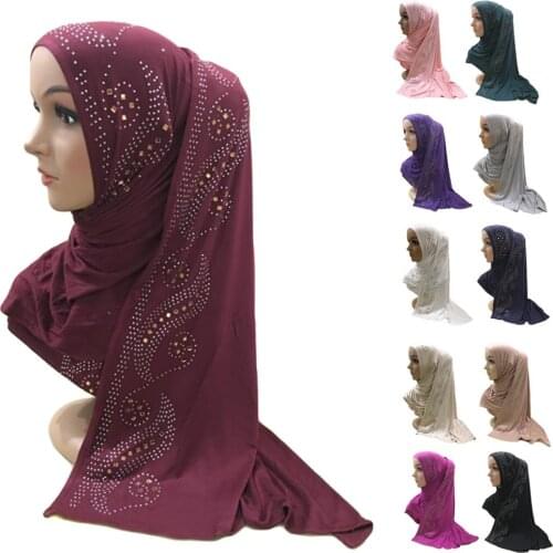 Muslim Women Long Scarf Rhinestone Cotton Hijab Head Cover Wrap Arab Prayer Hat Shawls Scarves Stole Headscarf Turban 160*50cm