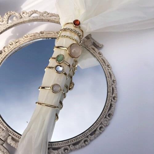 2021 New Korea 8pcs/set Vintage Colorful Stone Metallic Chain Trendy Geometry Hit Rings Set for Women Girls Jewelry