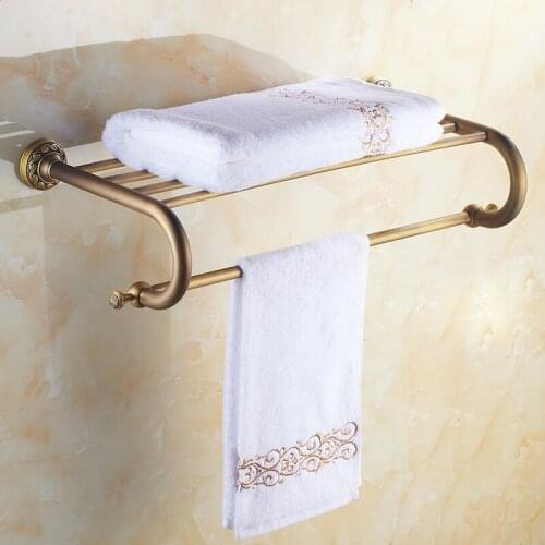 Antique Brass Bathroom Wall Mounted Towel Rail Holder Shelf Storage Rack Double Towel Rails Bars KD925