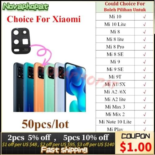 Real Camera Glass For Xiaomi Mi 10 8 9 9T Note 10 Lite Pro SE A1 A2 Mix 2 Max 3 Play Back Rear Camera Glass Lens 50pcs/lot