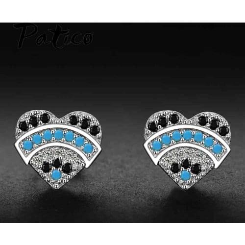 New Fashion Korea Style Small Cz Stud Earrings For women 925 Sterling Silver Colorful Crystals Heart Shape Stud Earrings