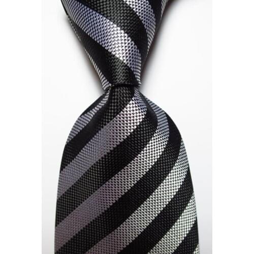 New Fashion Striped Tie Mens 9cm Silk Necktie Set Gray White Black JACQUARD WOVEN 100% Silk Mens Tie Necktie