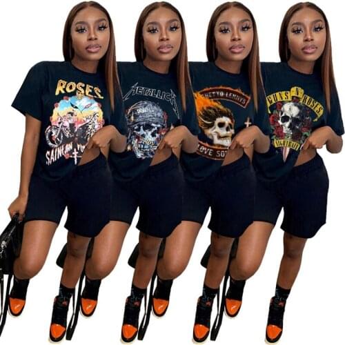 Solid Color Skeleton Letter Print Short Sleeve Round Neck and Biker Shorts Loose Two Piece Set Women Summer Casual Suits