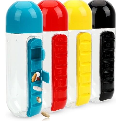 Plastic Water Bottle Fruit Lemon Juice Drinking Bottle Sports Cycling Camping Bottles 600ml With Daily Pill Box Organizer