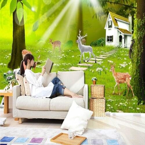 Custom 3d mural Green Forest Oxygen Bar Cabin Sika Deer Living Room TV Wall wallpaper custom lobby bedroom mural